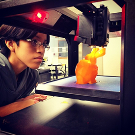Student looking at 3D printer printing an orange plastic elephant